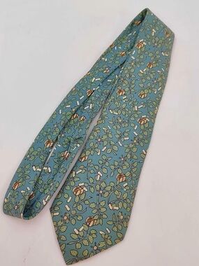Hermes Blue Floral Silk Tie with Green and Brown Accents